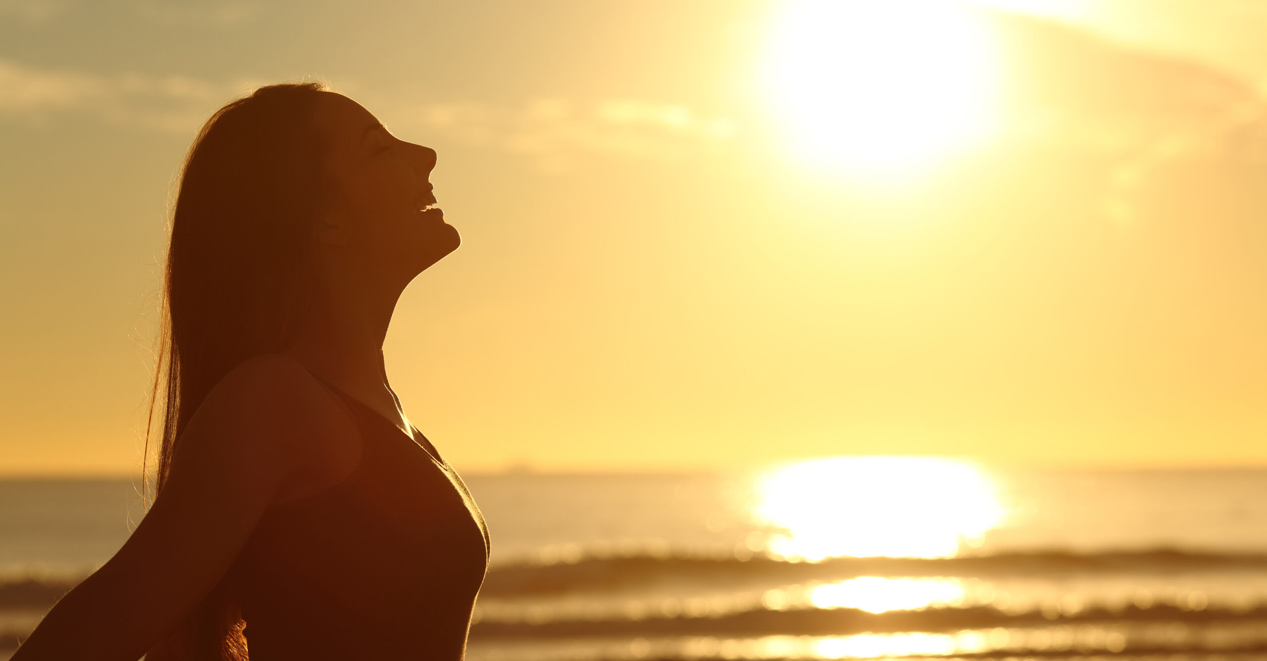 Silhouette of a smiling woman with the sun and ocean in the background.